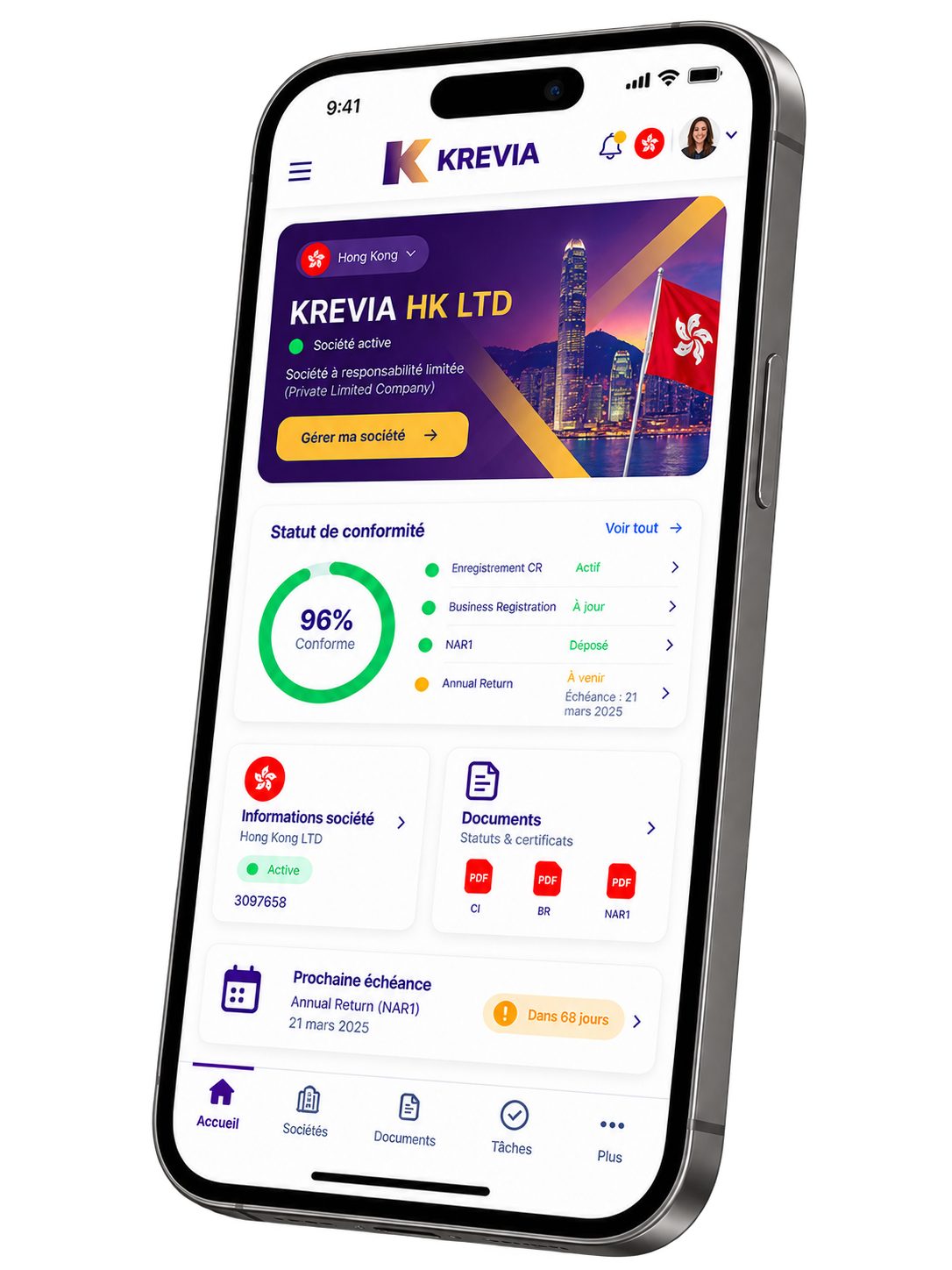 Tableau de bord Krevia — société à Hong Kong