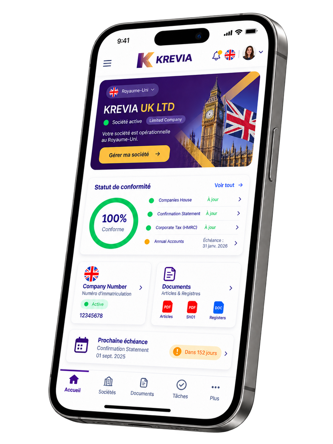 Tableau de bord Krevia — société britannique